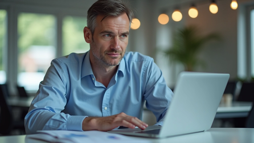 Muž v brýlích pracuje na notebooku s finančními tabulkami a grafy